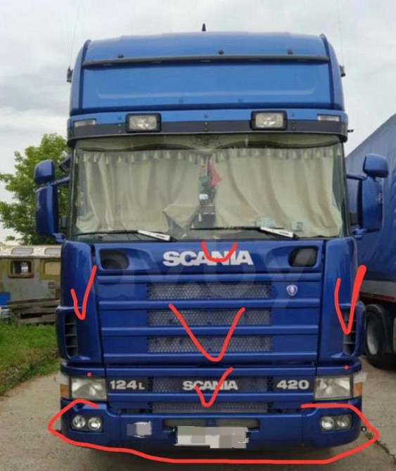 На Скания 124 2004 год топлайн нужны : капот, боковые уши с креплениями, решетка радиатора средняя и  - photo 1